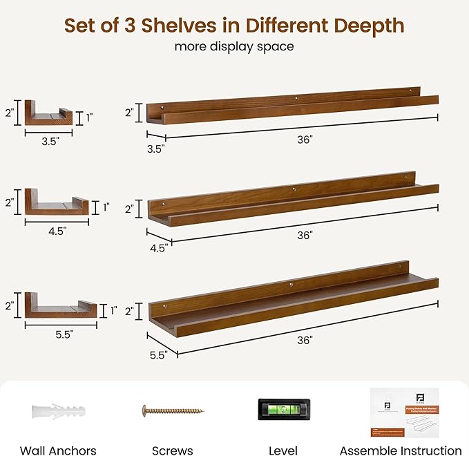 Picture Ledge Wall Shelves 36 inches Width Set of 3, Solid Pine Wood Rustic Floating Ledge Shelves for Wall for Kids' Room Bedroom Kitchen Bathroom Living Room Nursery Display Wall Decor, Walnut