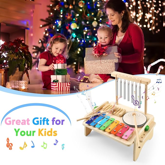 Kids Drum Set,Baby Musical Instrument for Toddler,Wooden Xylophone for Toddlers with Baby Drum Set and Wind Chime,Montessori Musical Instruments Toys for Kids,Musical Toys for Toddlers Birthday Gift