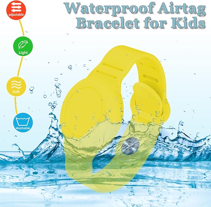 Kids Waterproof Airtag Bracelet Compatible with Apple AirTag, Hidden Silicon Protective Case for Air Tag GPS Tracker Holder, Adjustable Anti-Lost Watch Band for Toddler Child (Yellow)
