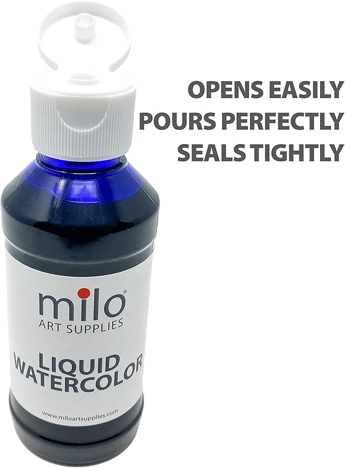 milo Liquid Watercolor Paint Set of 8 Colors | 4 oz Bottles | Washable, Safe and Non-Toxic | Made in USA | Art & Craft Paints for Kids, School Supplies Painting Set for Children | Easy to Pour Fluid Bottles