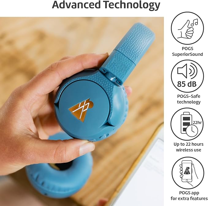 POGS Kids Bluetooth Wireless Headphones | The Gecko 2 | Foldable, Durable Headphones for Kids 3+ | Volume Limited 85 dB, Microphone | On-Ear | Wireless Music-Sharing Function (rBlue)
