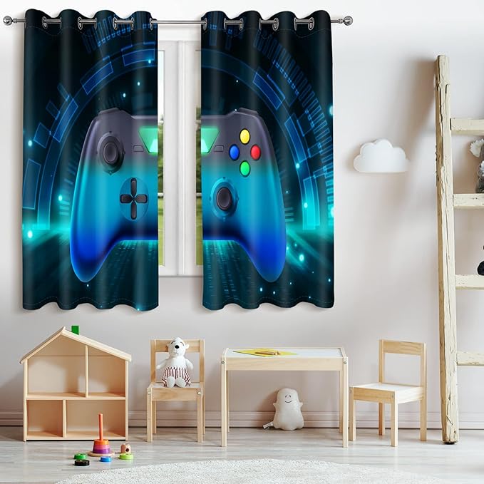 Jekeno Game Controller Blackout Curtains for Kids Boys Teens Bedroom Colorful Video Game Gamer Gaming Gamepad Decor for Home Living Room Grommet Window Drapes 2 Panel Set, 42"x54"