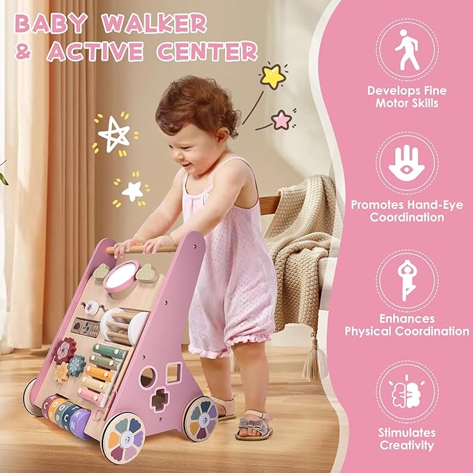 Wooden Baby Walker, Baby Push Walker, Montessori Toddler Walker Toy, Push and Pull Learning Activity Walkers, Baby Walker with Wheels for Boys&Girls 1 Year Old, Baby Walker Push Toy Gifts for Toddler