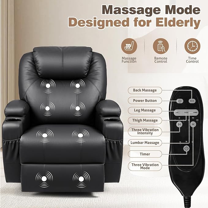 Recliner Chair, 360° Swivel Rocker Chair for Adults, Rocking Recliner Chair with Massage, Comfy Single Sofa with Side Pockets Cup Holders for Living Room, Bedroom, Nursery (Leather, Black)