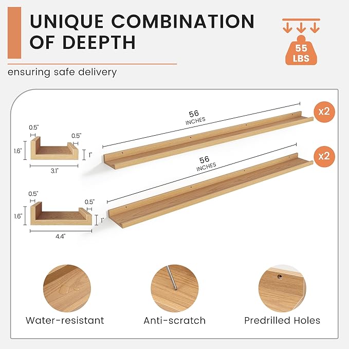 Floating Picture Ledge Shelves for Wall Set of 4, 56 Inch Wall Shelves with Lip Long Large Nursery Book Shelf for Toys Storage Kids Bookshelf Wall Mounted Living Room Bedroom Decor Frames