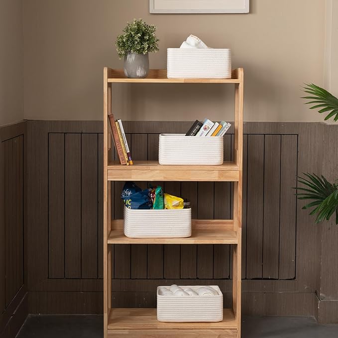 4 Pack Small Storage Shelf Baskets for Organizing, Mini Woven Rope Storage Bins for Towels, Cute Decorative Closet Organizer，Baby Nursery, Gift Empty Baskets -11.81''Lx7.87''Wx4.72''H-White