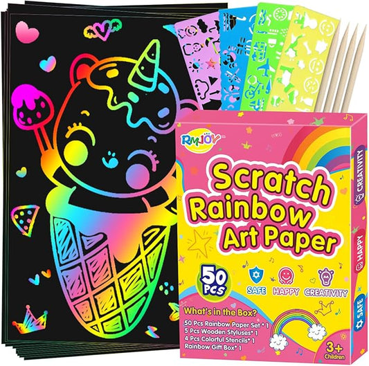 Rainbow Scratch Paper Art for Kids: 60PCS Magic Arts Crafts Gifts Toys for Girls Boys Ages 4 5 6 7 8 9 Games Activities for Birthday Family Fathers Day Christmas Stocking Stuffers Easter(Girls)