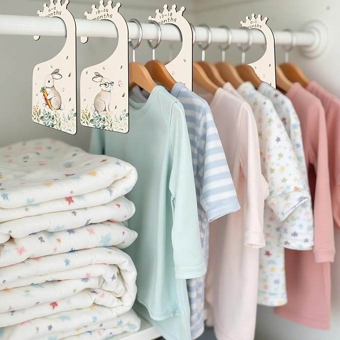 Baby Clothes Dividers for Closet - Set of 8 Wooden Baby Size Closet Dividers Newborn to 24 Months, Rabbits Babies Clothes Organizer for Boys Girl Nursery Decor Gender-Neutral Newborn Hangers Dividers