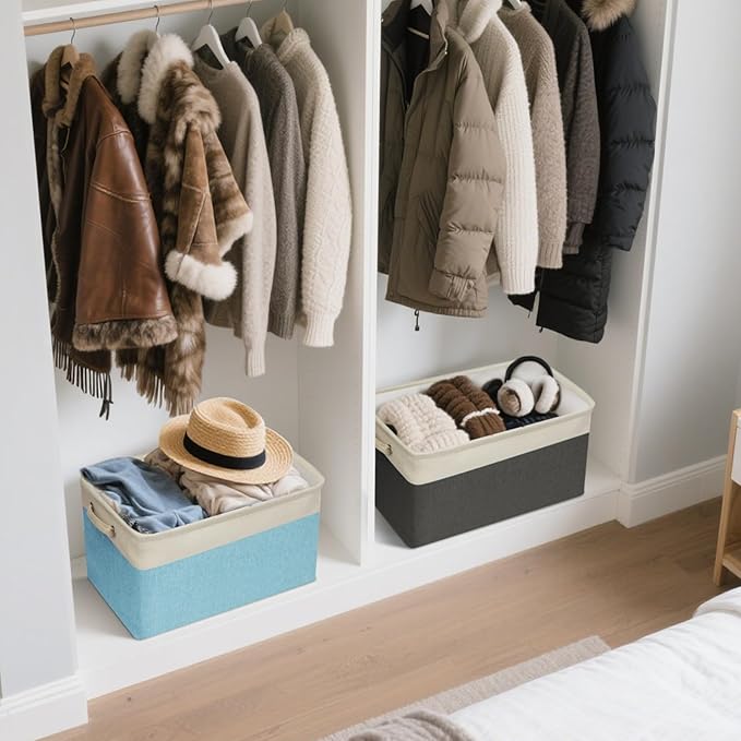 BALEINE 2 Pack Fabric Storage Bins for Shelves, Linen Storage Baskets for Organizing, Decorative Closet Bins for Clothes, Home (Brown, 15"x11"x9.5") ﻿