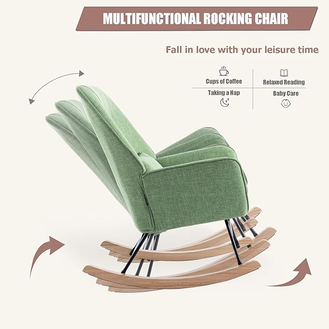 Rocking Chair with Ottoman and Pillow, Glider Rocker Chair, Accent Arm Chair Lounger for Living Room/Bedroom/Nursery, High Back, Solid Hardwood Base, Green