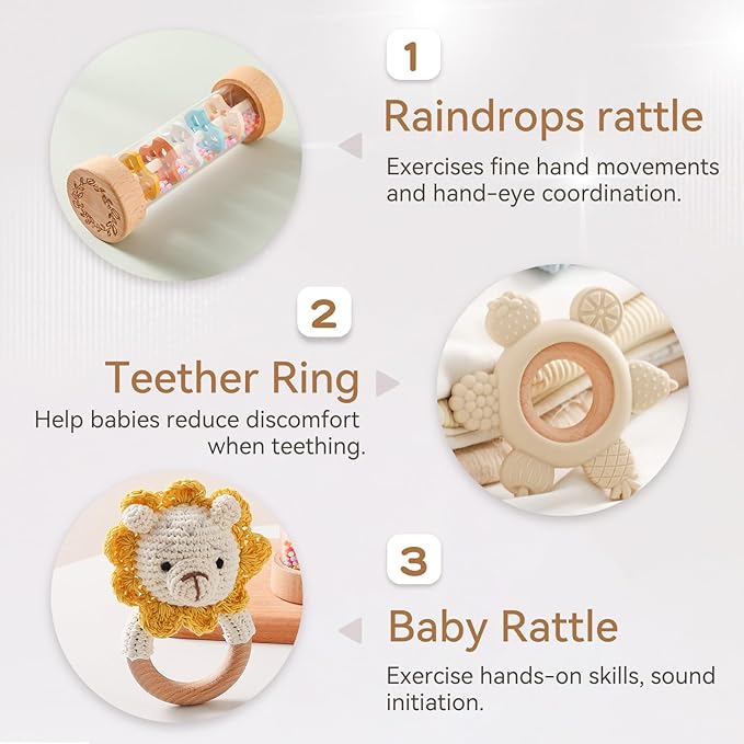 Youuys Wooden Baby Rattle Set (3pcs) - Crochet Rattle Rain Stick Teething Toys, Wooden Montessori Toy for Newborn Infant Baby Rattles Set Toys 3-6-12 Months(Lion)