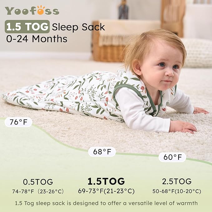 Yoofoss Baby Sleep Sack 18-24 Months, 1.5 Tog Baby Wearable Blanket with 2-Way Zipper, 100% Cotton Organic Fabric Winter Infant Sleeping Sack, Warm Soft Comfy