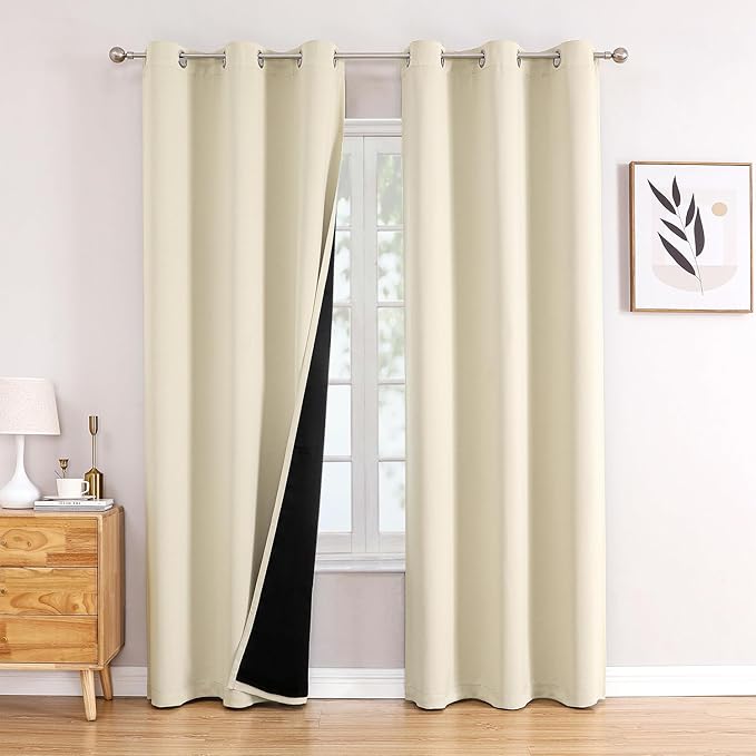 ChrisDowa 100% Blackout Curtains 84 inch Long for Bedroom with Black Liner, 2 Thick Layers Total Blackout Thermal Insulated Grommet Window Curtains 2 Panels Set (Light Beige, 38 x 84 Inch)