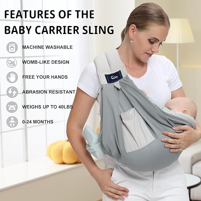 CUBY Mesh Baby Sling Carrier, Breathable Lightweight Baby Wraps Sling with Adjustable Strap- Easy to Wearing Soft Front Facing Baby Slings for Newborn Infant Toddler Carry Up to 40lbs(Gray Mesh)