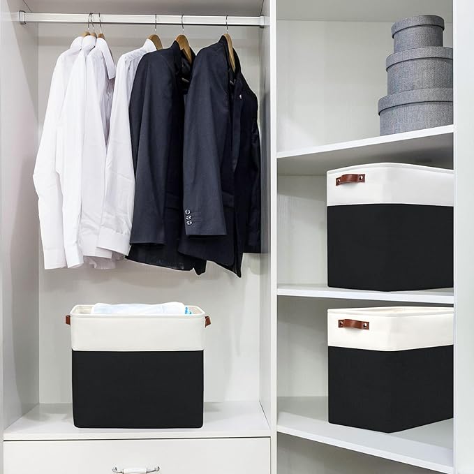 Large Fabric Storage Baskets | 50L Storage Bins, Decorative Linen Closet Baskets with Handles for Organizing, Shelf, Toys, Clothes, Home, Office, Nursery, 17x12x15Inches (Black&White)