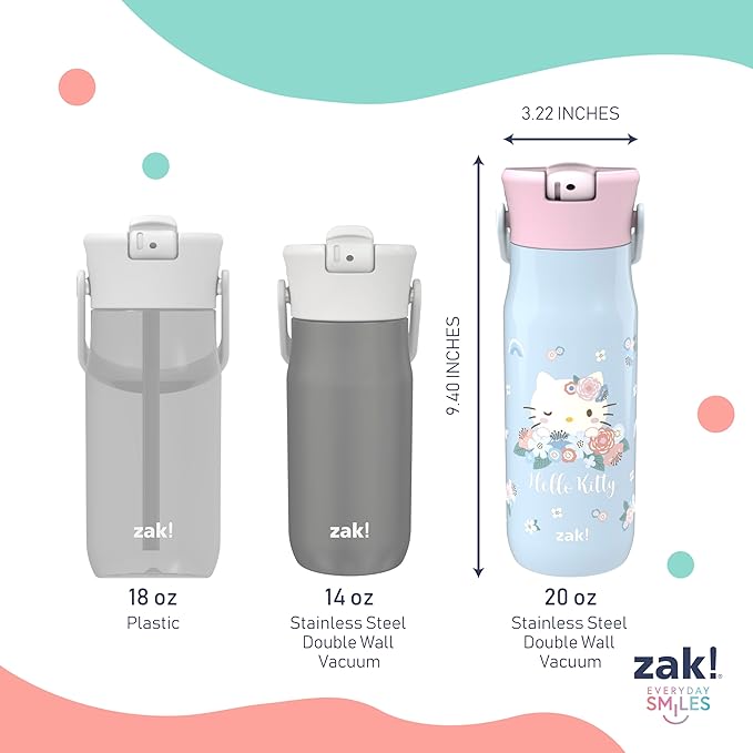 Zak Designs Harmony Hello Kitty 20oz Water Bottle for Travel or At Home, Recycled Stainless Steel is Leak-Proof When Closed and Vacuum Insulated with Straw Lid and Carry Handle