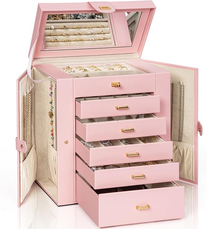 AKOZLIN 6-Tier Jewelry Box Organizer Functional Leather Jewelry Storage Case for Women Girls Ring Necklace Earring Bracelet Holder Organizer with Mirror