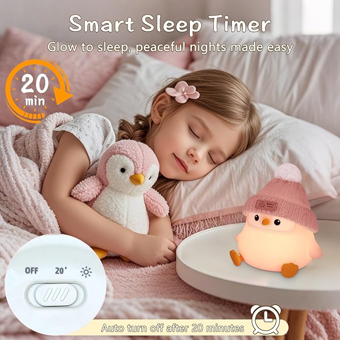 Penguin Silicone Night Light, Cute Pink Penguin Lamp with Knitted Hat, Soft Nursery Nightlight, USB Rechargeable/Dimmable,LED Squishy Novelty Animal Bedside Lamp,Funny Gifts for Kids/Girls