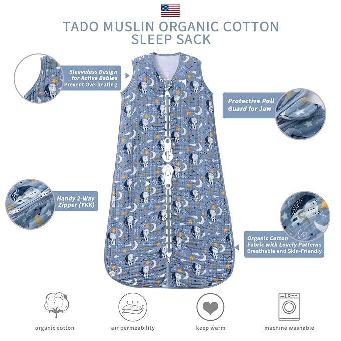 Baby Sleep Sack 0-6 Months Wearable Blanket for Babies 100% Organic Cotton 2-Way Zipper YKK 0.5 TOG Toddler Sleeping Sacks Bears