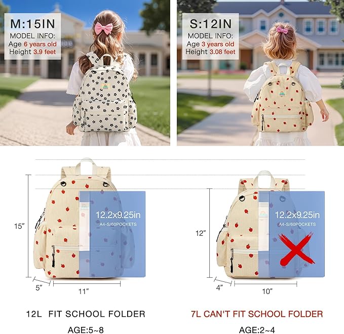 Corduroy Kids Backpack for Girls and Boys 5-8: Girls Backpack for Elementary Kindergarten - 15 inch Cute Backpacks for Kids - Strawberry