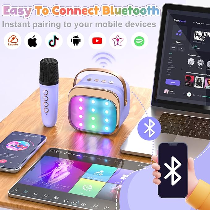 FLUESTON Mini Karaoke Machine for Kids Adults, Portable Bluetooth Speaker with Wireless Microphone, Birthday Kids Gifts Toys for Girls Ages 3, 4, 5, 6, 7, 8, 9,10,11,12+ Years Old