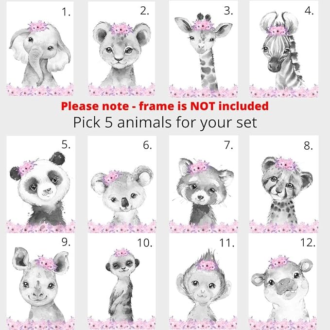 Personalized Safari Animals for Baby Girls Nursery Bedroom Unframed Set of 6 Poster Prints, Personalized Name Pink Purple Flowers Wall Art Decor New Baby Gift Present, Elephant Giraffe Panda Zebra Lion (8x10)
