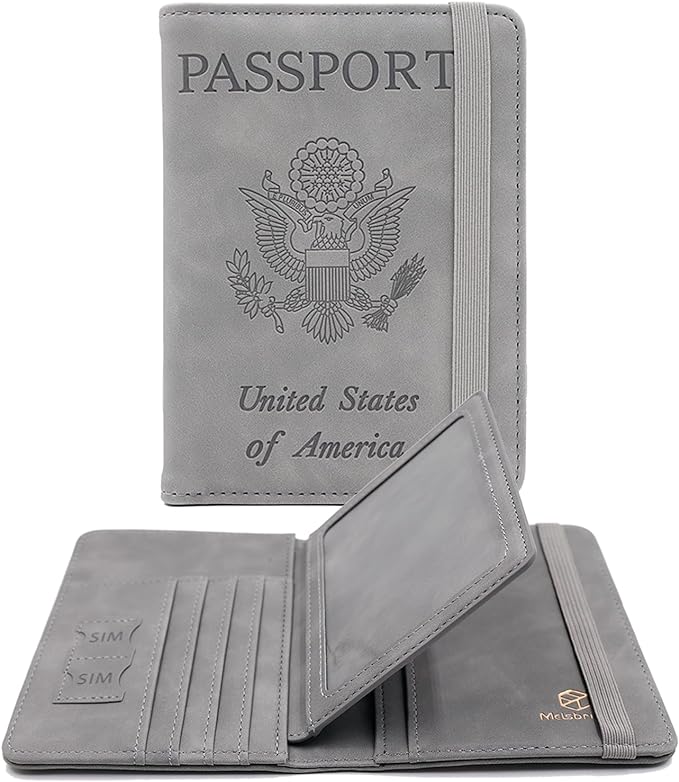 Melsbrinna RFID Passport Holder for Travel, Unisex Adults, Grey, PU Leather, RFID Protected, Passport Cover