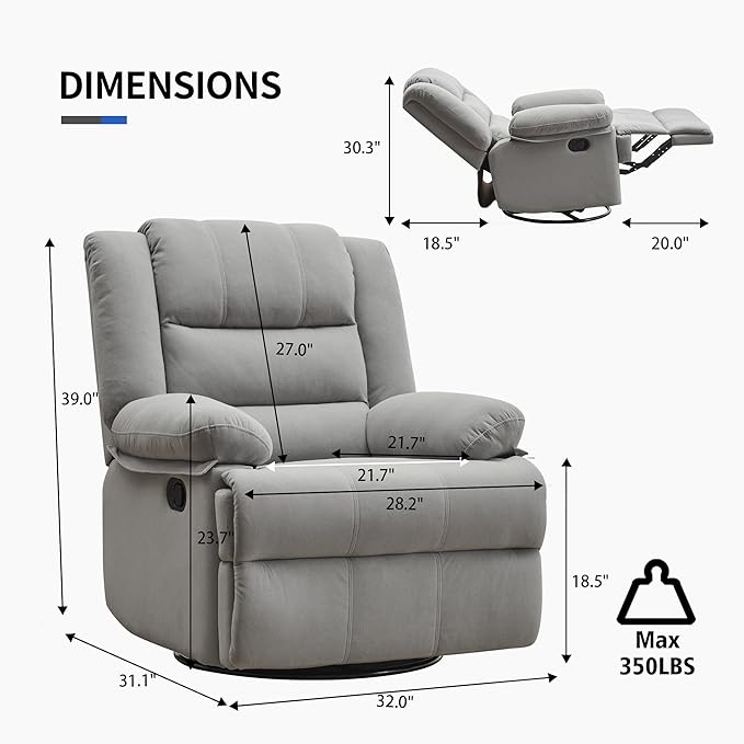Swivel Rocking Recliner Chair for Adults, Overstuffed Manual Glider Rocker Recliner Chairs, Upholstered Reclining Single Sofa for Living Room Nursery (Light Grey)