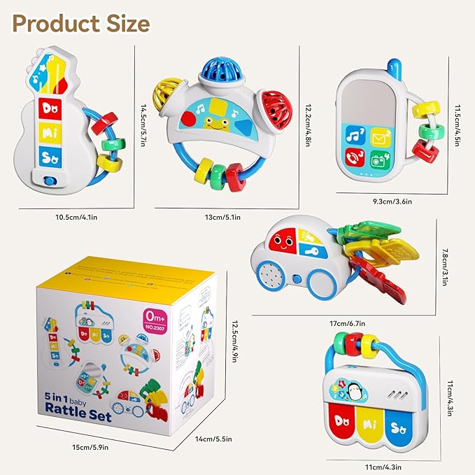 Baby Toys 0-6-12 Months: 5 in 1 Infant Musical Rtattle Teething Toys Sensory Learning Toys with Sounds, Newborn Shower Gifts for Boys & Girls