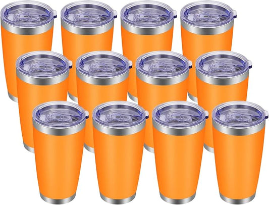 VEGOND 20oz Tumbler with Lid and Straw Stainless Steel Tumbler Cup Bulk Vacuum Insulated Double Wall Travel Coffee Mug Powder Coated Coffee Cup(Orange 12 Pack)