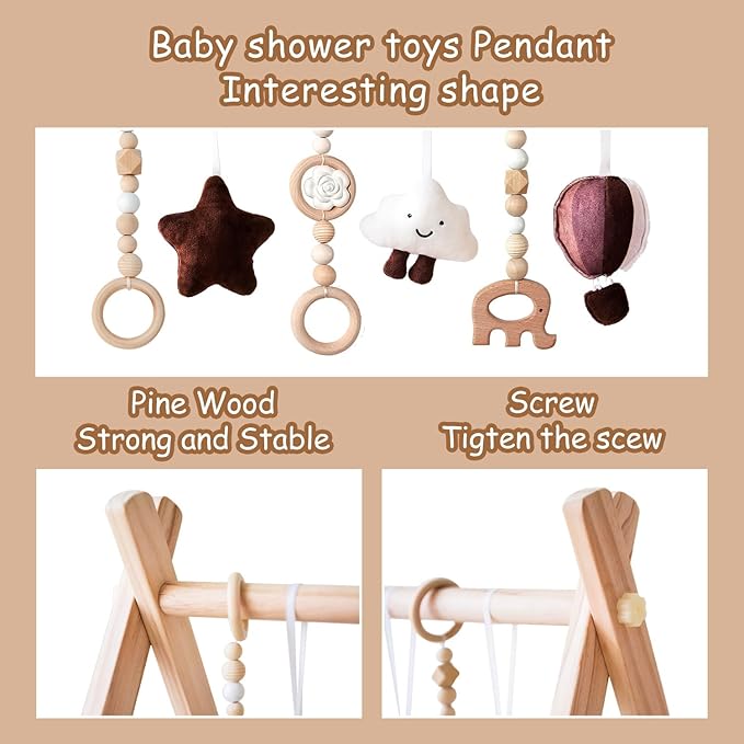 Wooden Baby Play Gym with Mat, Foldable Baby Play Gym Frame Activity Gym Hanging Bar with 6 Gym Baby Toys Rainbow Playmats for Newborn Baby (Natural)