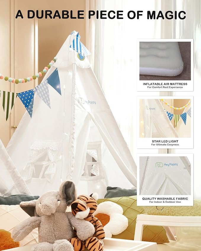 Teepee Tent for Kids with Inflatable Airbed, String Lights, Balloons, Pump, Washable Slumber Party Tent Indoor Outdoor for Girls Boys, Children Tipi Playhouse for Playtime and Sleepover