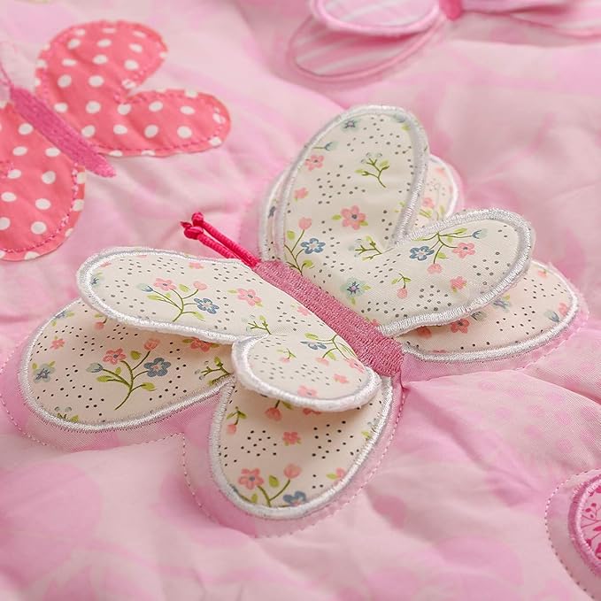 7 PCs Pink Embroidery Butterfly Nursery Crib Bedding Set 100% Cotton Baby Girl 3D Butterfly Themed Cot Bedding Set 1 Quilt, 2 Fitted Sheet, 1 Window Valance, 3 Butterfly Shaped Wall Decor
