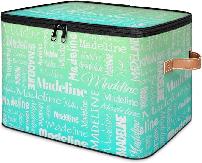 Custom Storage Basket with Name, Personalized Storage Bins with Zipper Lid, Foldable Fabric Storage Box Large capacity with Handle Green Blue