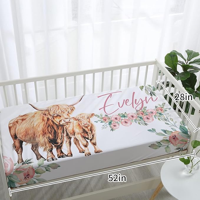 Personalized Nursery Crib Bedding Set: Custom Name Floral 5 Piece Baby Crib Sets with Highland Cow Design - Toddler Double Layer Blanket Set, Comfortable Crib Bed Sheets for Baby Grils