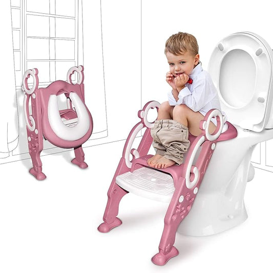 GrowthPic Pink Toddler Potty Training Seat with Step Stool – Foldable Toilet Trainer for Girls with Soft Cushion & Splash Guard, Adjustable Ladder Fits Standard & Elongated Toilets