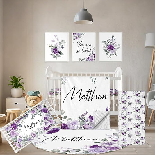 Personalized Baby Bedding Set - 5 Pcs Custom Toddlers Bedding Set with Infant Name - Soft Double Layer Nursery Crib Set for Girls Boys - Customized Infant Gifts for Baby Shower - Purple Flowers
