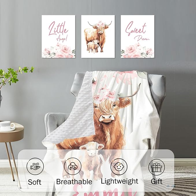 Personalized Baby Crib Bedding Set for Baby Girls, Pink Highland Cow Pattern Custom Name Baby Crib Sets 5-Pcs, Toddler Double Layer Blanket Fitted Sheets Changing Pad Cover Rug Wall Art Set