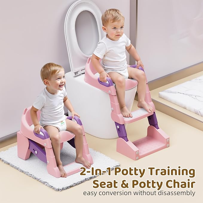 Potty Training Seat, 3-in-1 Toddler Toilet Seat with Step Stool Ladder, Splash Guard Anti-Slip Pad, Foldable Potty Chair with Soft Cushion for Toddler Kids Boys Girls