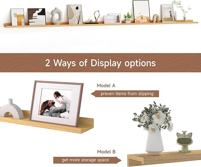 Floating Picture Ledge Shelves for Wall Set of 2, 95 Inches Picture Ledge Shelf with Long Large Nursery Book Shelf for Toys Storage Kids Bookshelf Wall Mounted Living Room Bedroom Decor Frames, Oak