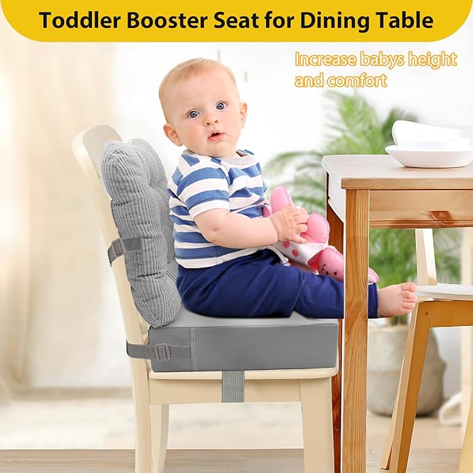 Toddler Booster Seat for Dining Table 2PC Upgraded 3.6IN Cushion with Soft Corduroy Backrest Infant Booster Seat for Kitchen Chair with Adjustable Straps - Non-Slip Base & Breathable Fabric ﻿