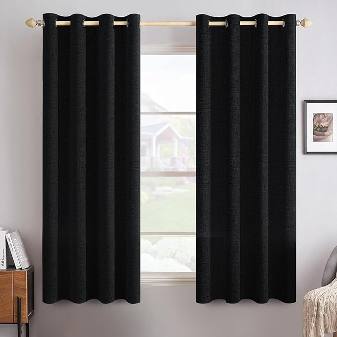 MIULEE Linen Texture Curtains for Bedroom Solid 100% Blackout Thermal Insulated Halloween Black Curtains Grommet Room Darkening Drapes for Living Room Nursery 52x54 Inch (2 Panels)