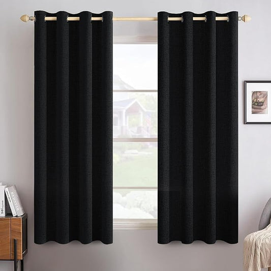 MIULEE Linen Texture Curtains for Bedroom Solid 100% Blackout Thermal Insulated Halloween Black Curtains Grommet Room Darkening Drapes for Living Room Nursery 52x45 Inch (2 Panels)