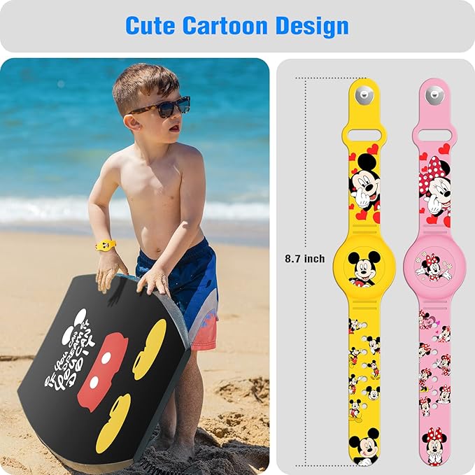 Waterproof AirTag Bracelet for Kids [2 Pack], Cute Cartoon Airtag Holder for Kids with Full Coverage Hidden Design, Silicone Airtag Wristband for Child, Healthy Material Pink + Yellow