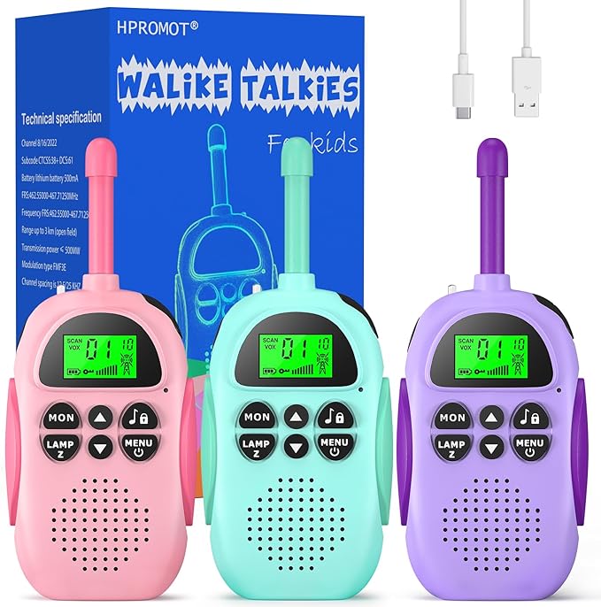 Walkie Talkies for Kids Rechargeable 3 Pack Walkie Talkies, Long Range 22 Channels 2 Way Radio Kids Birthday Toy Gift for 3-12 Year Old Boys Girls Outdoor Adventures Camping Hiking