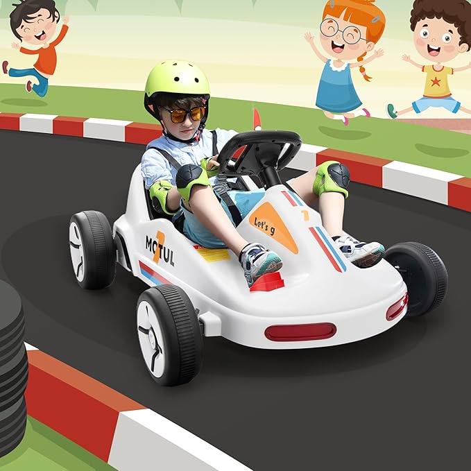 TOBBI 12V Electric Go Kart for Kids Battery Powered Ride on Car Outdoor Race Toy with Remote Control, Safety Belt, Music, LED Lights and Flags for Toddlers 3-8 Years, White