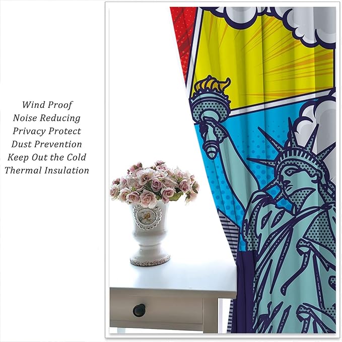 City Rod Pocket Blackout Curtains for Boy Girl Bedroom, Pop Art Style New York Cityscape Thermal Insulated Home Window Drapes for Living Room Darkening, 55x63 inch