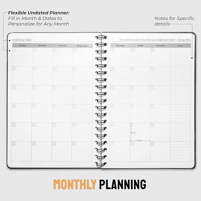 Undated Monthly Planner 2025-2026 - 18 Month Calendar Planner Book for School, Office and Home - Hardcover Blank Planners for Goals, Tasks and Dates - B5 Beige