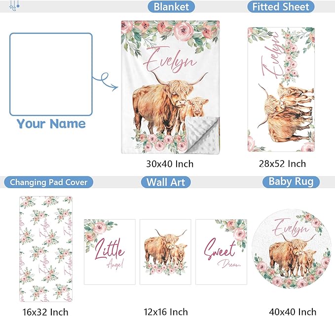 Personalized Nursery Bedding - 5 Pcs Custom Baby Crib Set with Name, Double Layer Crib Bedding for Girls, Cows and Flowers Theme