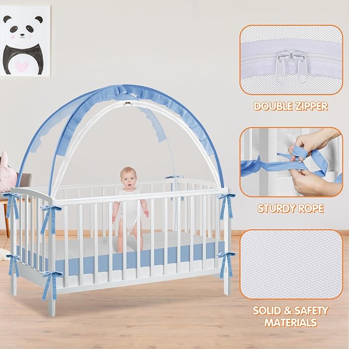 Crib Tent to Keep Baby from Climbing Out - Crib Net to Keep Baby in - Pop Up Breathable Cribs Cover - Canopy with Upgrade Strong Mesh and Durable Zipper (Blue, Lager)